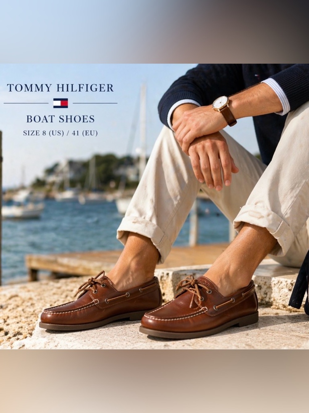 Tommy Hilfiger Brown Boat Shoes Size 8 Leather Look Preppy Coastal Classic